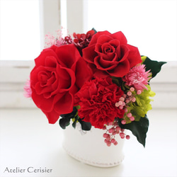 プリザーブドフラワー＜リア Mサイズ＞レッド ローズ＆カーネーション【お祝い】 還暦 2枚目の画像