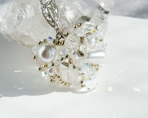 ハートモチーフ テグス編み 天然石 ランダムビーズ（ネックレス