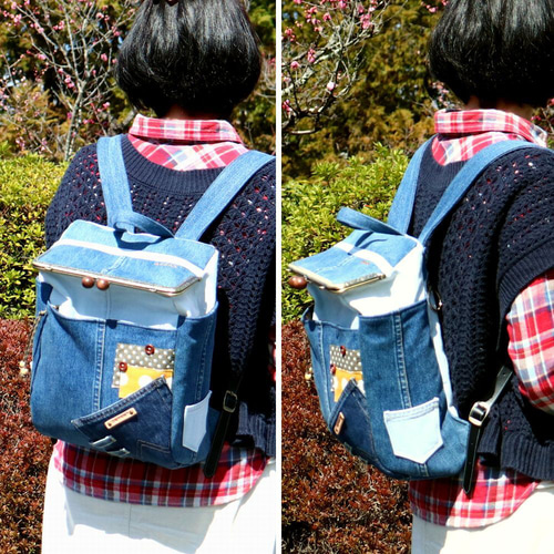 大人のランドセル【紡ぎ藍tumugiai】がま口リュック：2色のデニムと