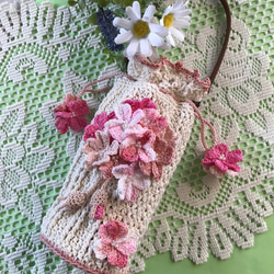 フリルミニポーチ（アザレアピンクピンク）☆手編み 小物入れ 編み物