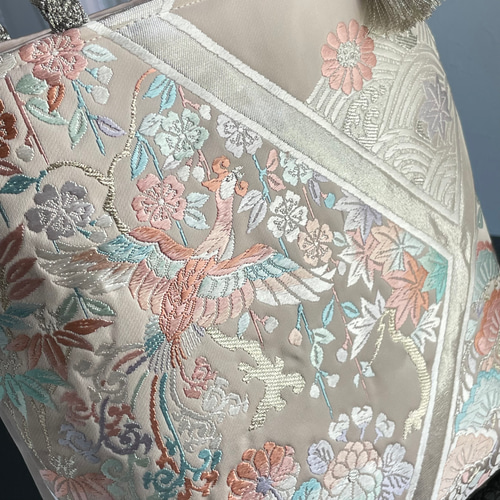 帯リメイクバッグ ピンクに鳳凰とオシドリ B5サイズ 和装バッグ 帯