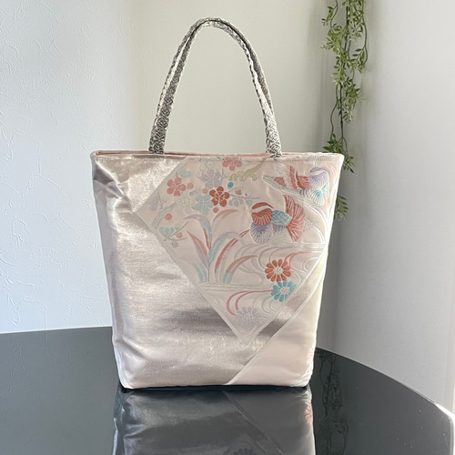 帯リメイクバッグ ピンクに鳳凰とオシドリ B5サイズ 和装バッグ 帯