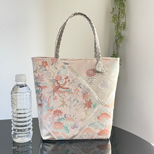 帯リメイクバッグ ピンクに鳳凰とオシドリ B5サイズ 和装バッグ 帯