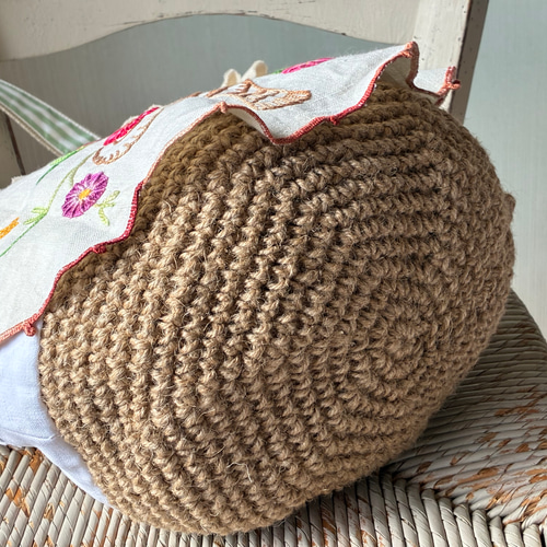 フランスアンティーク　ヴィンテージ*大きな花かご刺繍　ドイリー　かごカバー 花かご刺繍かごバッグ*フランスアンティーク*ヴィンテージ