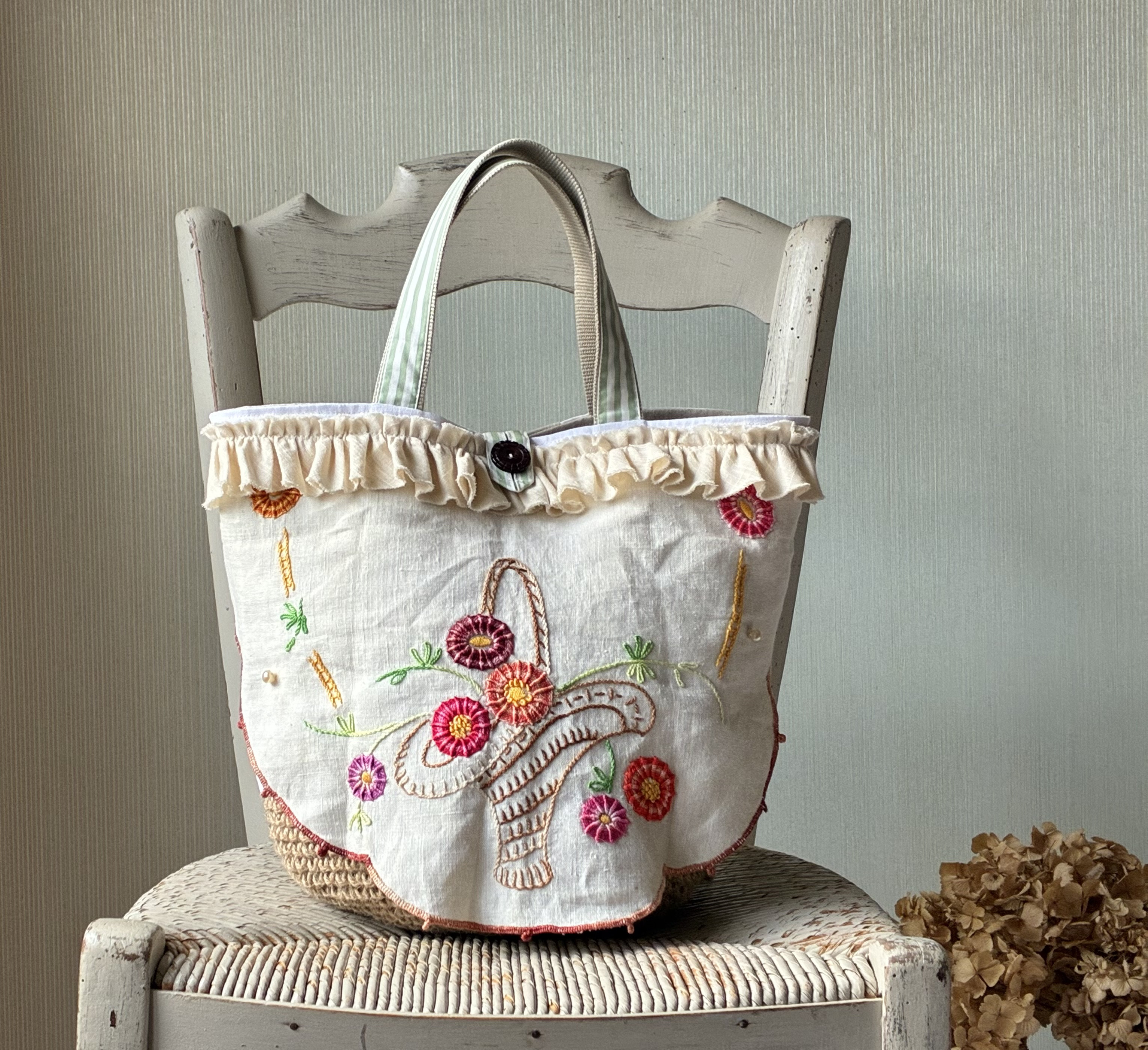 花かご刺繍かごバッグ*フランスアンティーク*ヴィンテージ