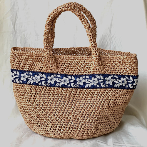 かごバッグ 手編み 刺繍リボン マニラヘンプヤーン かごバッグ パンダ