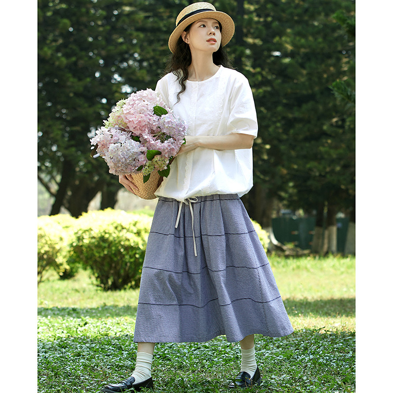 100コットン格子柄スカート　ゴムウエストスカート　裏地付きブルー　S-Mサイズ　S443