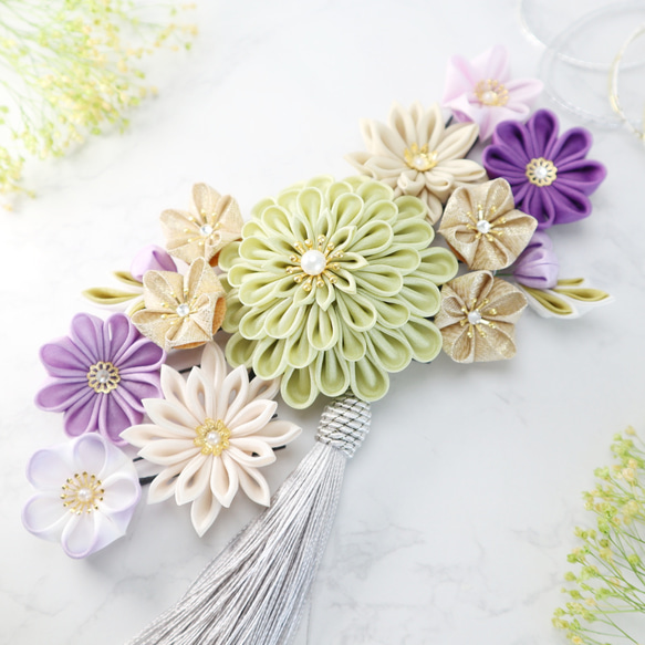 つまみ細工髪飾り 絹ダリアと小花のセット 若葉 紫 成人式 七五三 卒業