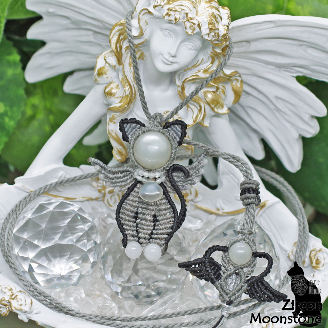 猫天使・お顔が『ムーンストーン』な!!猫マクラメ編みネックレス2