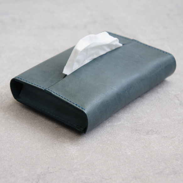 卓上本革ポケットティッシュケース【サックスブルー】（ティッシュ2個