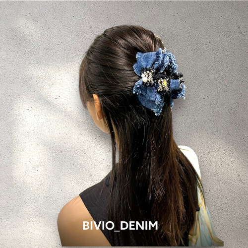 国産デニムフリンジダブルリボンのバンスクリップ ヘアクリップ