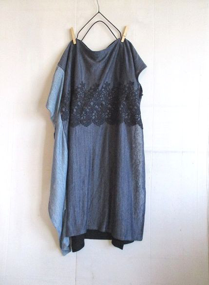 大好評　七変化着回し可能　リネン100％のストールベスト　ポンチョ　紺×デニム調紺ケミカルレース　１枚限定 12,166円