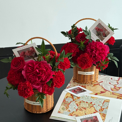生花 母の日 花籠アレンジメント 赤バラ＆カーネーション＆芍薬