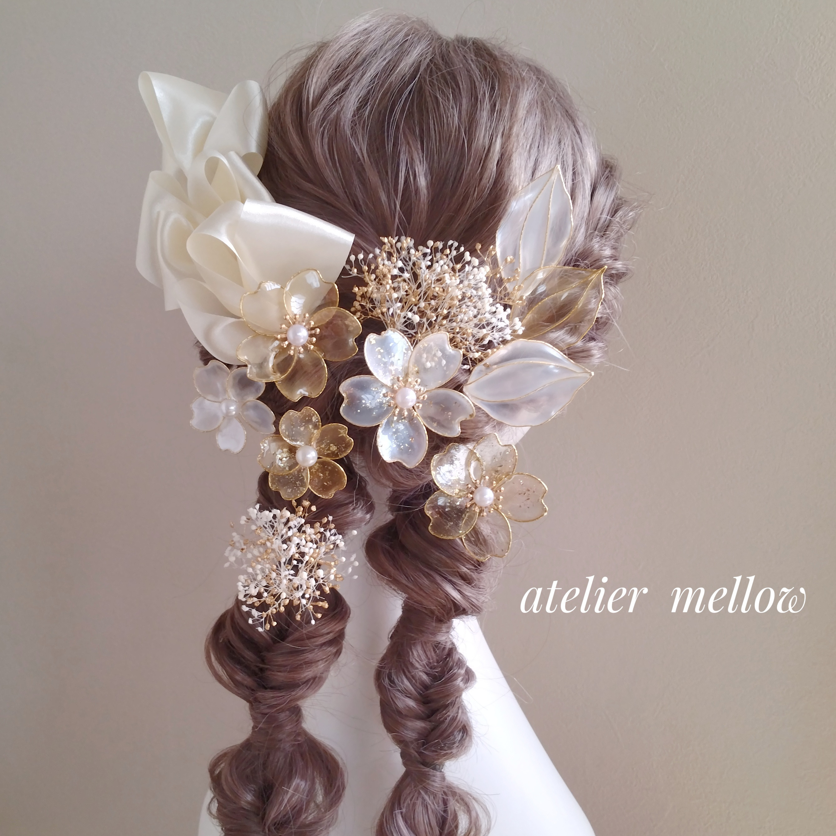 桜  成人式　ウェディング　七五三　髪飾り  アイボリー  ゴールド   ❁アメリカンフラワー ❁ ディップフラワー ❁