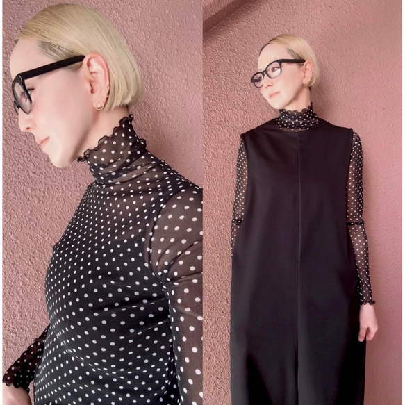 RATA❤️2色有❤️M＆L❤️型崩れしにくい高収縮のメローシアートップス❤️ブラック＆ホワイトドット 2枚目の画像