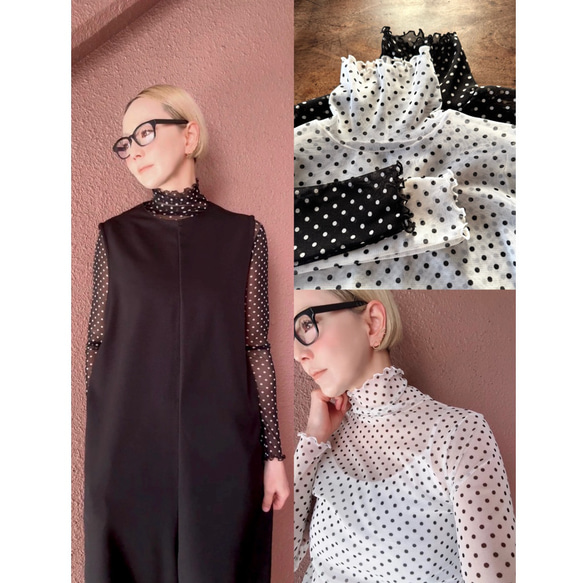 RATA❤️2色有❤️M＆L❤️型崩れしにくい高収縮のメローシアートップス❤️ブラック＆ホワイトドット 1枚目の画像