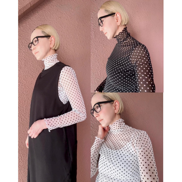 RATA❤️2色有❤️M＆L❤️型崩れしにくい高収縮のメローシアートップス❤️ブラック＆ホワイトドット 5枚目の画像
