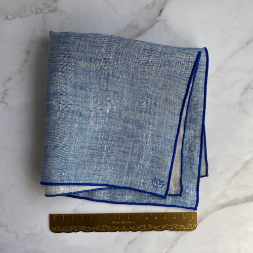 marble 2400  ハンドメイド リネン トリプルガーゼ ハンカチ A単品：リネン100% 青藍色 巻きロック(紺) ダブルガーゼ