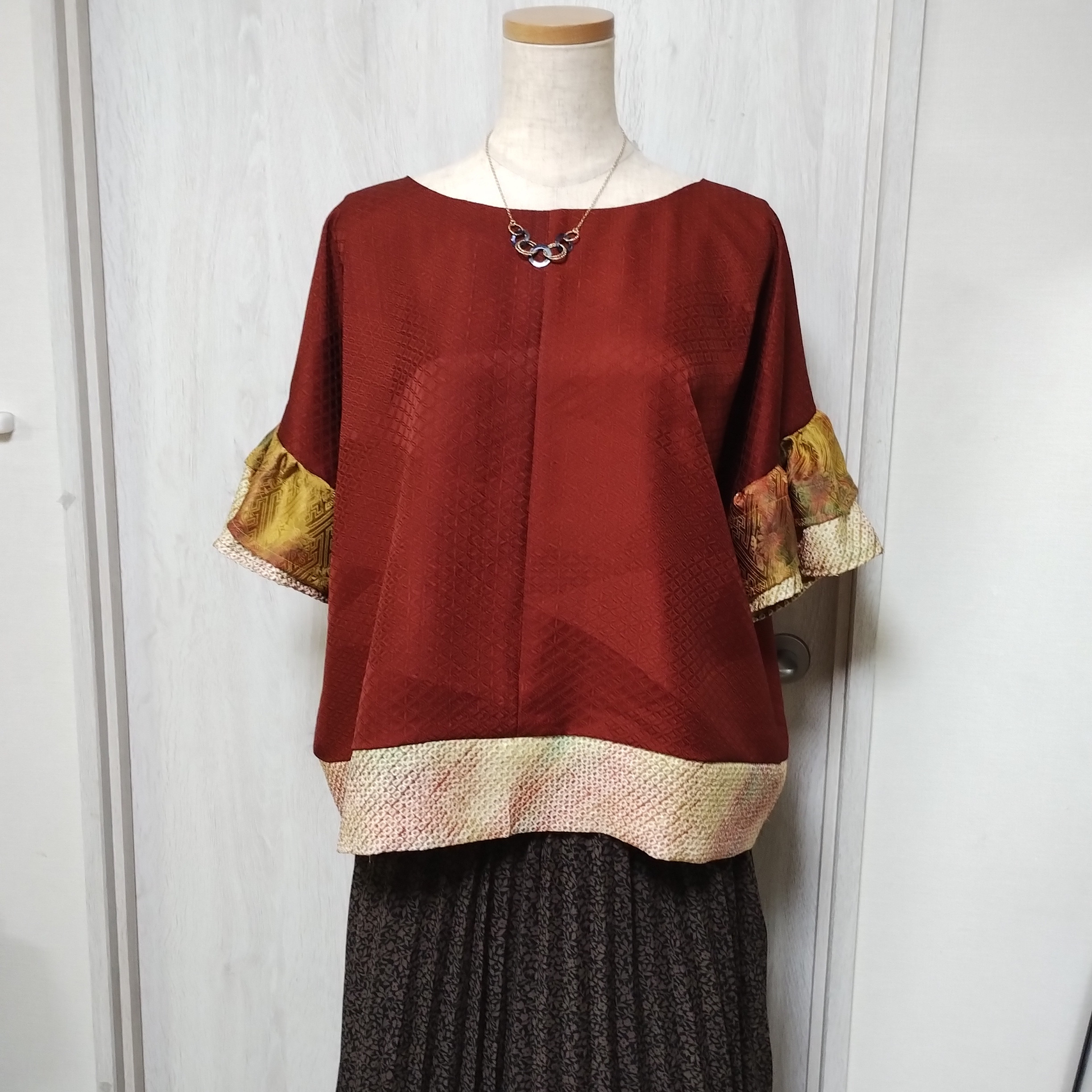 シルクのブラウス 絞りのコンビネーション 着物リメイク