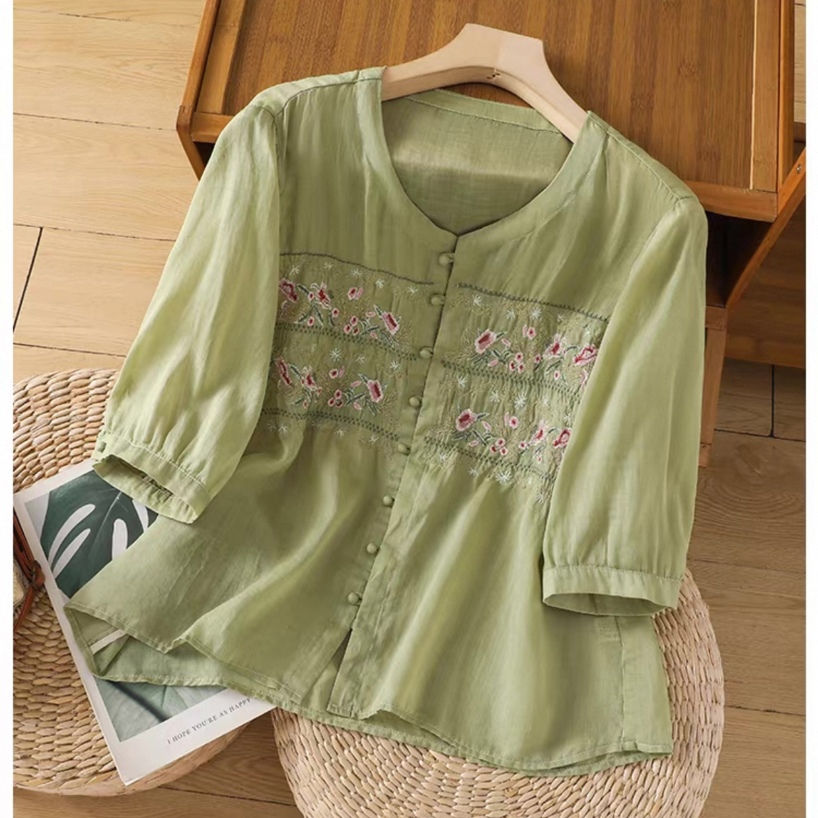 ゆったりトップス、シャツ、綿麻、無地、夏、大人、春色、刺繍