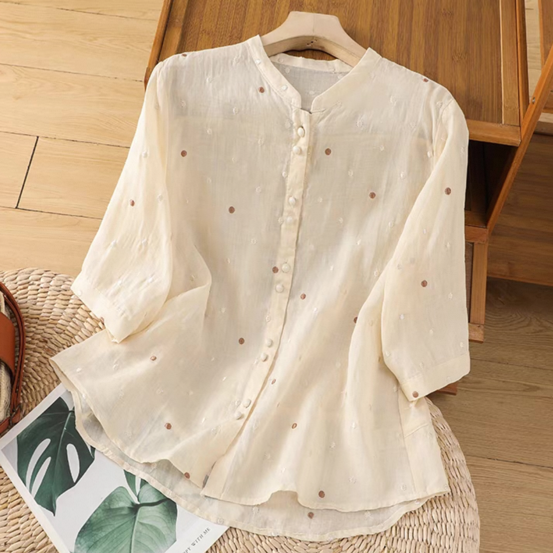 ゆったりトップス、シャツ、綿麻、無地、夏、大人、春色、刺繍