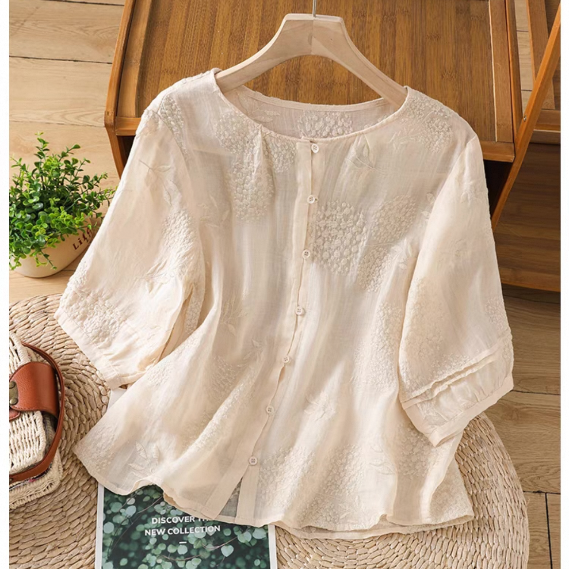 ゆったりトップス、シャツ、綿麻、無地、夏、大人、春色、刺繍