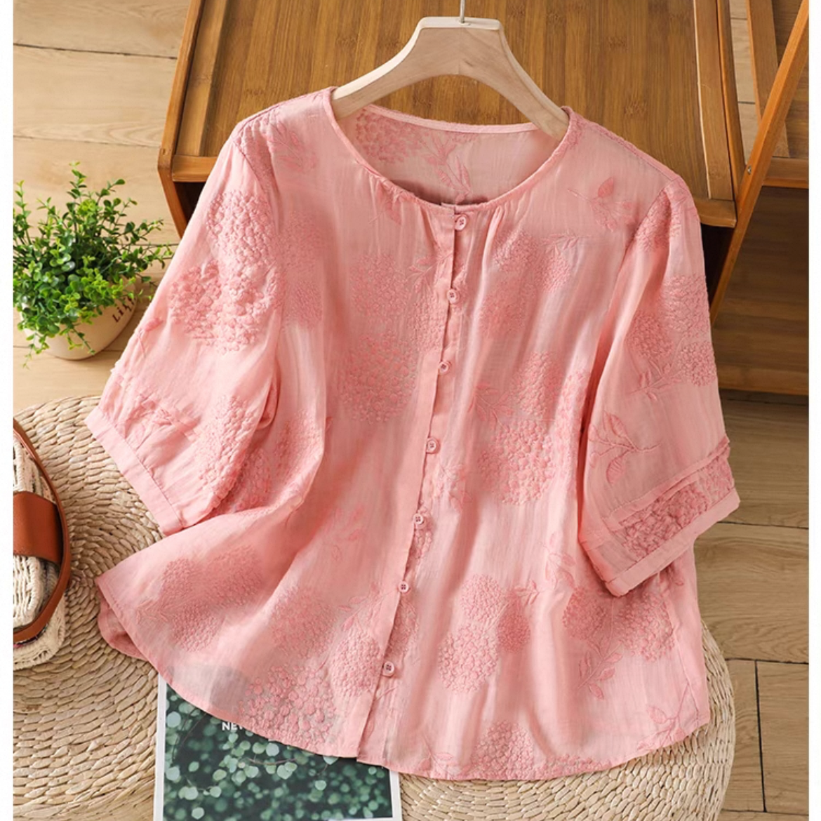 ゆったりトップス、シャツ、綿麻、無地、夏、大人、春色、刺繍