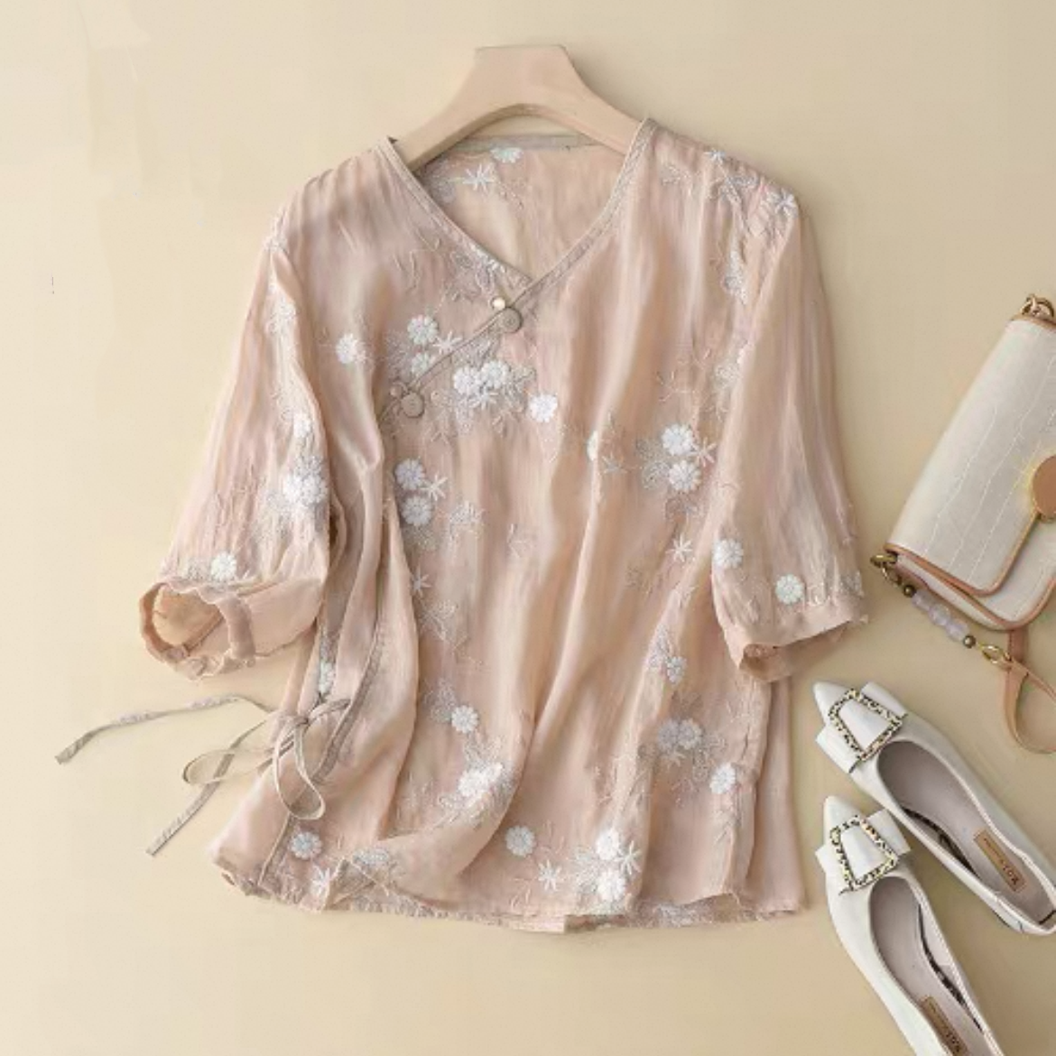 ゆったりトップス、シャツ、綿麻、無地、夏、大人、春色、刺繍