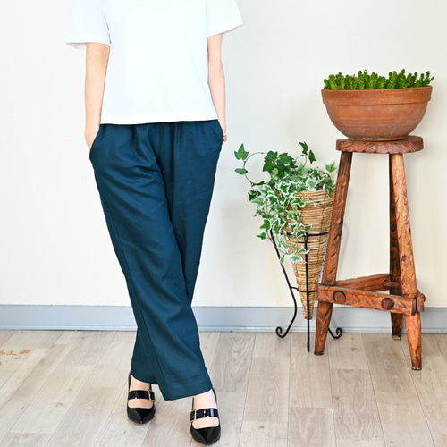 新色】ベーシックストレート☆ リネンパンツ：カナルブルー（青緑