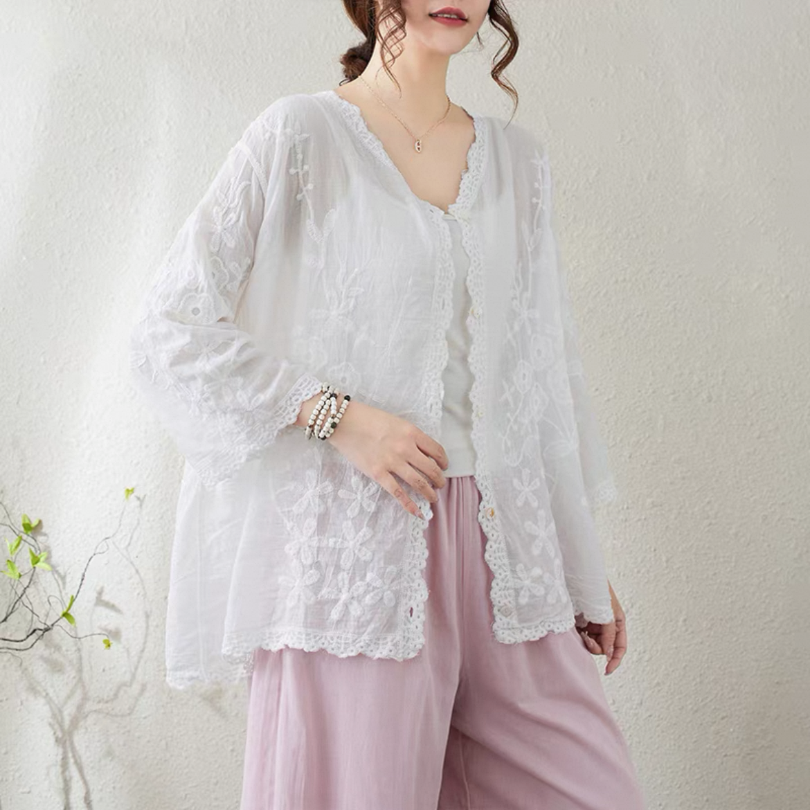 ゆったりトップス、コート、綿麻、無地、夏、大人、春色、刺繍