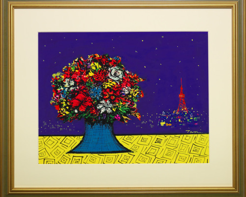 東京タワーと海　30センチ×30センチ アクリル画 東京タワー 原画｜額入り・ラッピング無料（アート作品／絵画