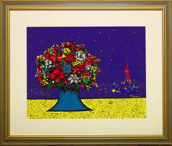 東京タワーの見える静物」6号F 版画紙にアクリル絵の具 額無し 送料