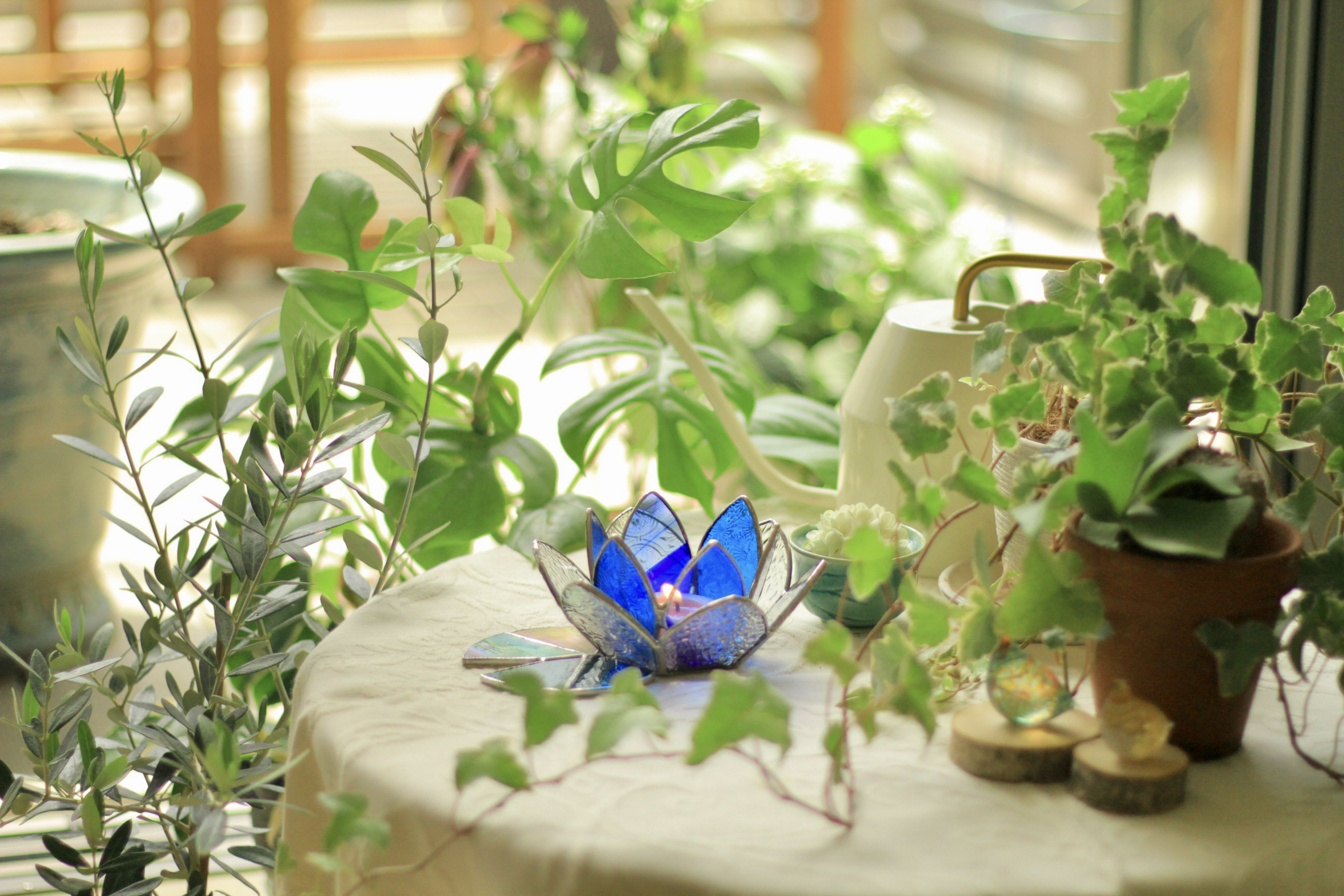 ⭐Creema限定⭐碧い睡蓮のキャンドルホルダー＊睡蓮の香りのアロマキャンドル４個付き＊限定１０個セット〜ステンドグラス