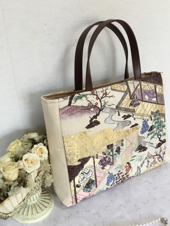 花ぷらら・洋服でも着物でも使える・ハンドメイド・リメイク・がま口バック・帯・光沢 花ぷらら・洋服でも着物でも使える・ハンドメイド・リメイク