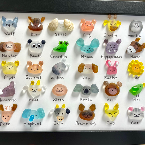 シーグラスアート☆No.128 図鑑 動物 6×5 置物 欧米 犬 猫 うさぎ カバ