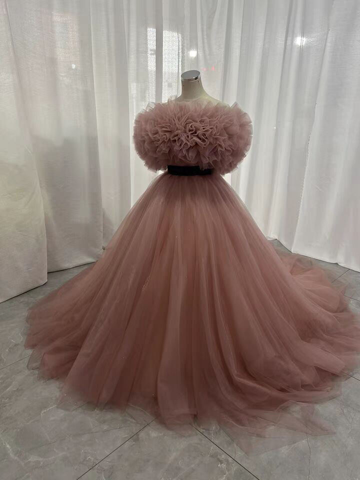 3waysピンクカラードレス 取り外しオフショルダー  サッシュベルト　トレーン　 披露宴 前撮り　結婚式