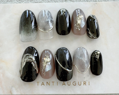 ネイルチップ チップ 大理石 黒 カッコイイ オーダーネイル フルオーダーネイル ネイルチップ ブラック✖️大理石ネイル ネイルチップ（つけ爪
