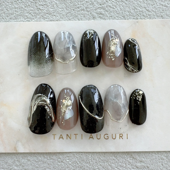 ネイルチップ チップ 大理石 黒 カッコイイ オーダーネイル フルオーダーネイル 漆黒の大理石ネイル - ネイルチップ専門店ミチネイル