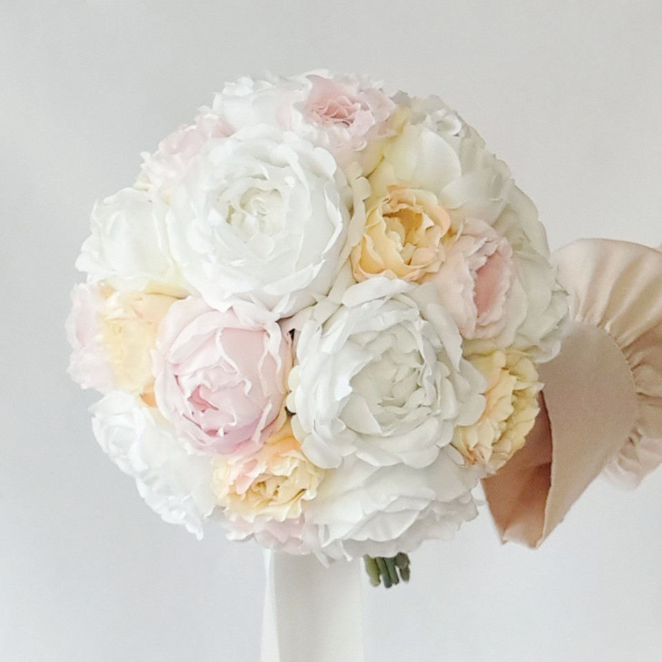 再販売❀ピンク＆ピーチローズのウェディングブーケ&ブートニア❀ラウンドブーケ❀アーティフィシャルフラワーブーケ❀オレンジ