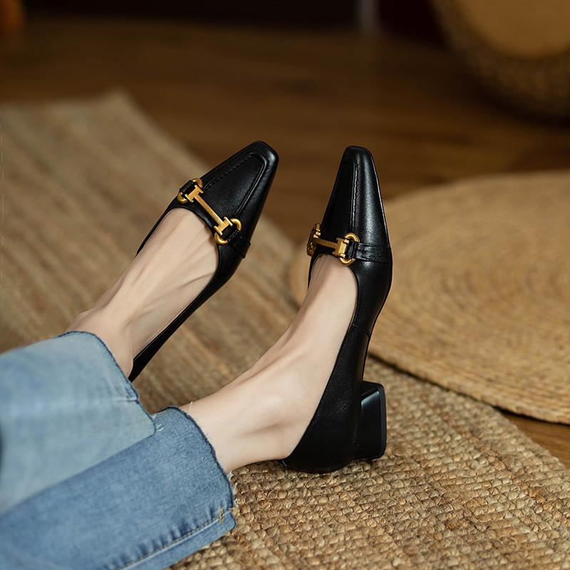 春と秋の新作ソフト面牛革ローヒール小角頭超ソフトパンプス女性、柔らかくて軽くて快適