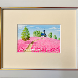 紫陽花の丘」透明水彩画 原画 風景画 額縁付 F4サイズ 絵画 Oni