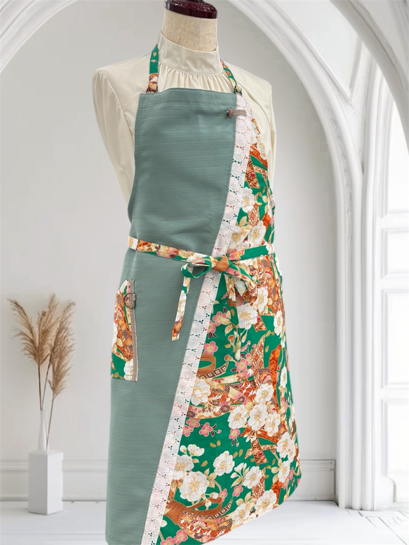 ご発送14日以内 和モダンエプロン 薄緑と束熨斗と桜✴︎ 表地で吸水