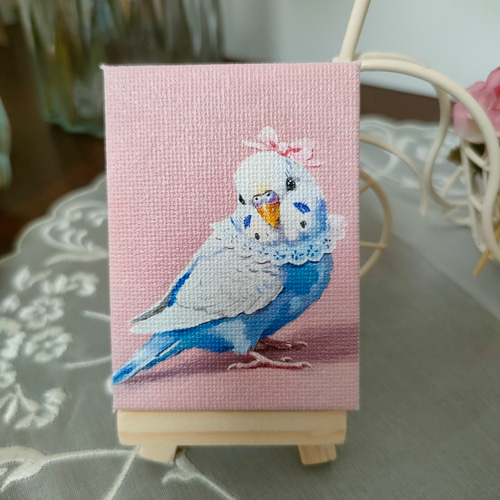 イーゼル付き】かわいいセキセイインコのミニキャンバス｜ミニチュア