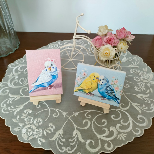 イーゼル付き】かわいいセキセイインコのミニキャンバス｜ミニチュア