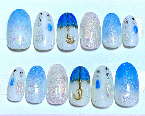 【オーダー専】梅雨 雨の日 6月 ネイルチップ 韓国風 ニュアンス アート 雨 オーダー専】梅雨 雨の日 6月 ネイルチップ 韓国風 ニュアンス