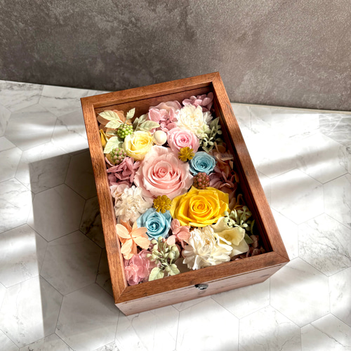 プリザーブドフラワー ボックスアレンジ パステルカラフルカラー