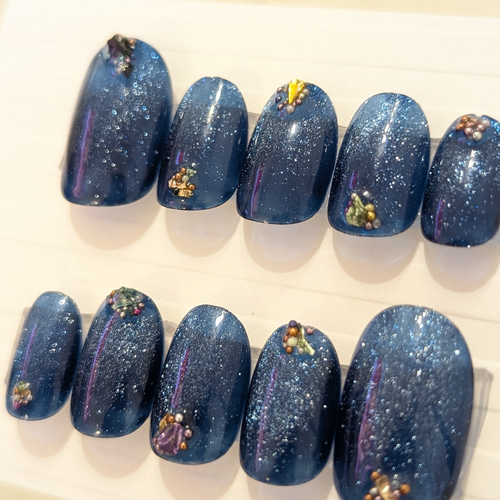 うるうる夜空の星ネイビーマグネットネイルチップ/付け爪/韓国/短め