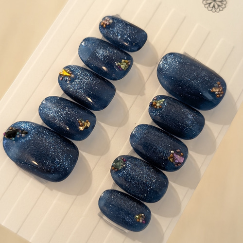 うるうる夜空の星ネイビーマグネットネイルチップ/付け爪/韓国/短め