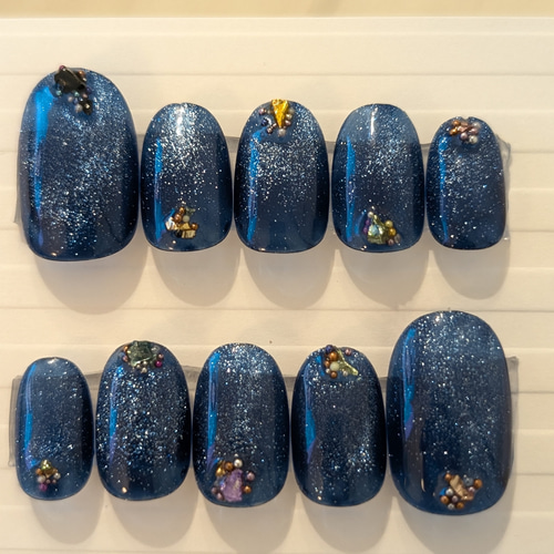 うるうる夜空の星ネイビーマグネットネイルチップ/付け爪/韓国/短め