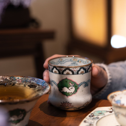 詩瓷集 手作り磁器 中国唐風茶器セット 青花・古彩 敦煌三生兎文